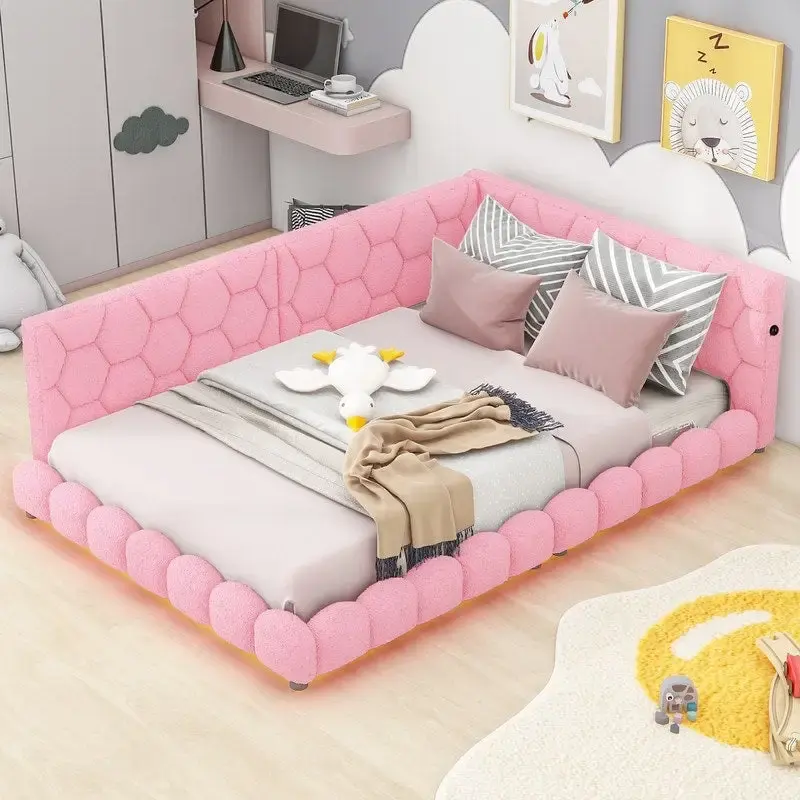 Full Size Teddy Upholstered Platform Bed with USB Ports and LED Belt