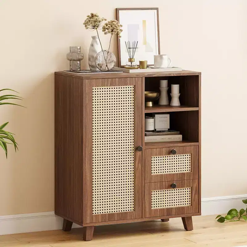 15-Inch Rattan-Woven Panel Door Side Cabinet with Adjustable Shelves and Drawers, Walnut