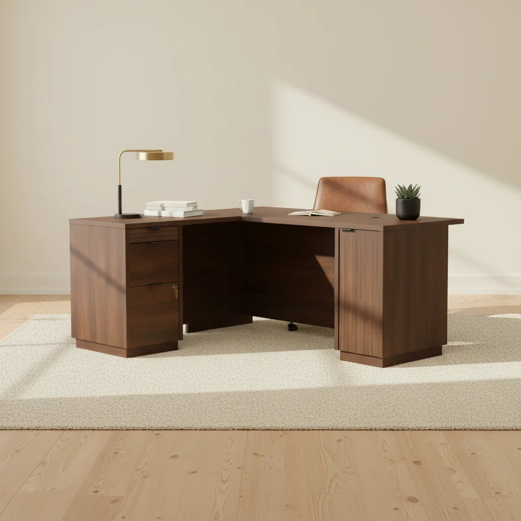 59.13 Commercial Grade L-Shaped Office Desk with 3-Drawers & Cabinet