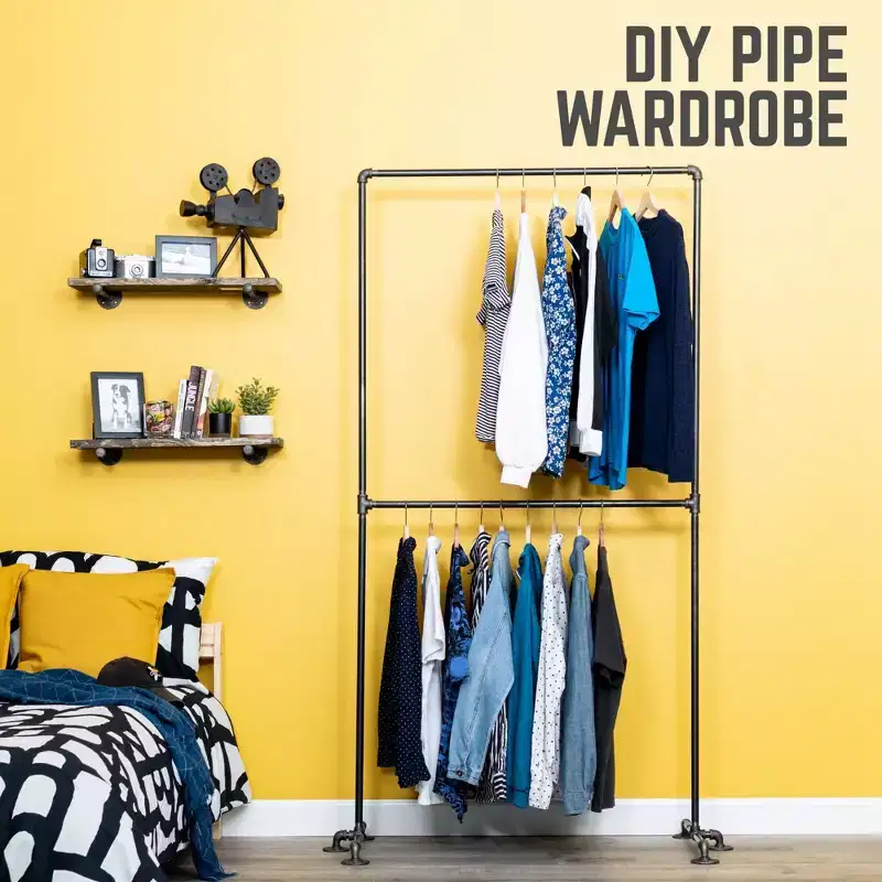 Freestanding Double-Hung Clothing Rack, Heavy-Duty Steel Pipe, Industrial Design, 38.5