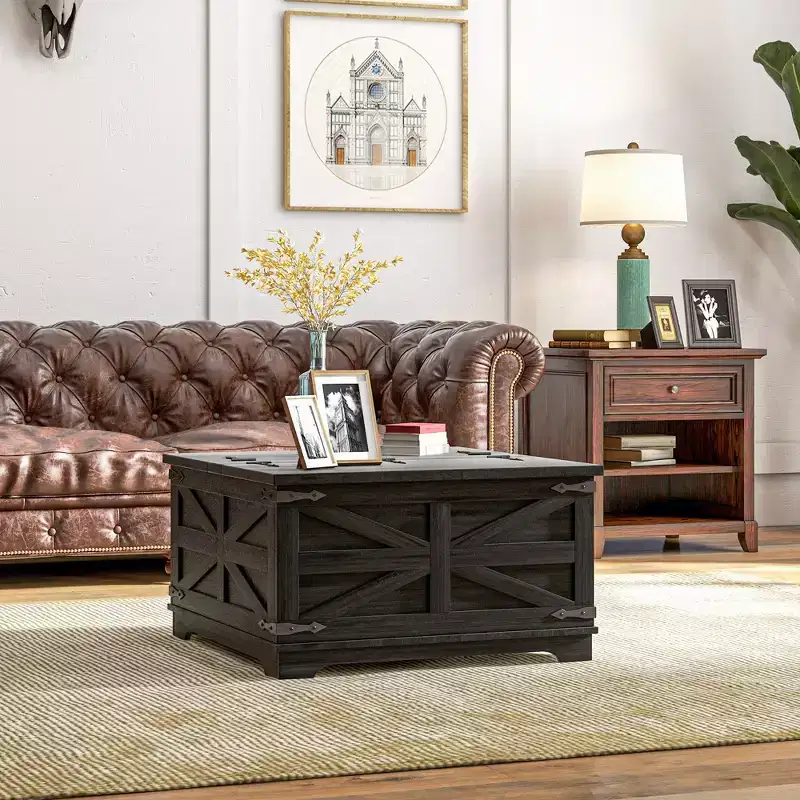 Farmhouse Coffee Table with Flip Top, Hidden Storage Compartment, Square Center Table for Living Room