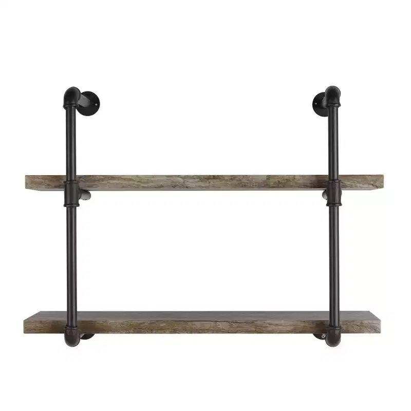 31.5" x 24" Two Tier Industrial Pipe Wall Shelf Brown - Danya B.: Rustic Open Bracket, Laminated Metal