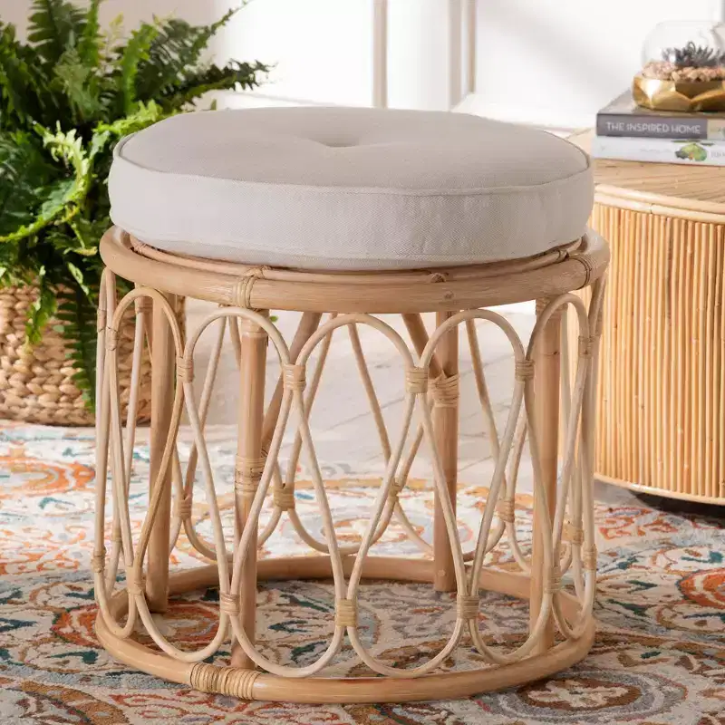 bali & pari Hachiro Natural Rattan Ottoman Footstool: Bohemian Handcrafted, Removable Cushion, No Assembly Required