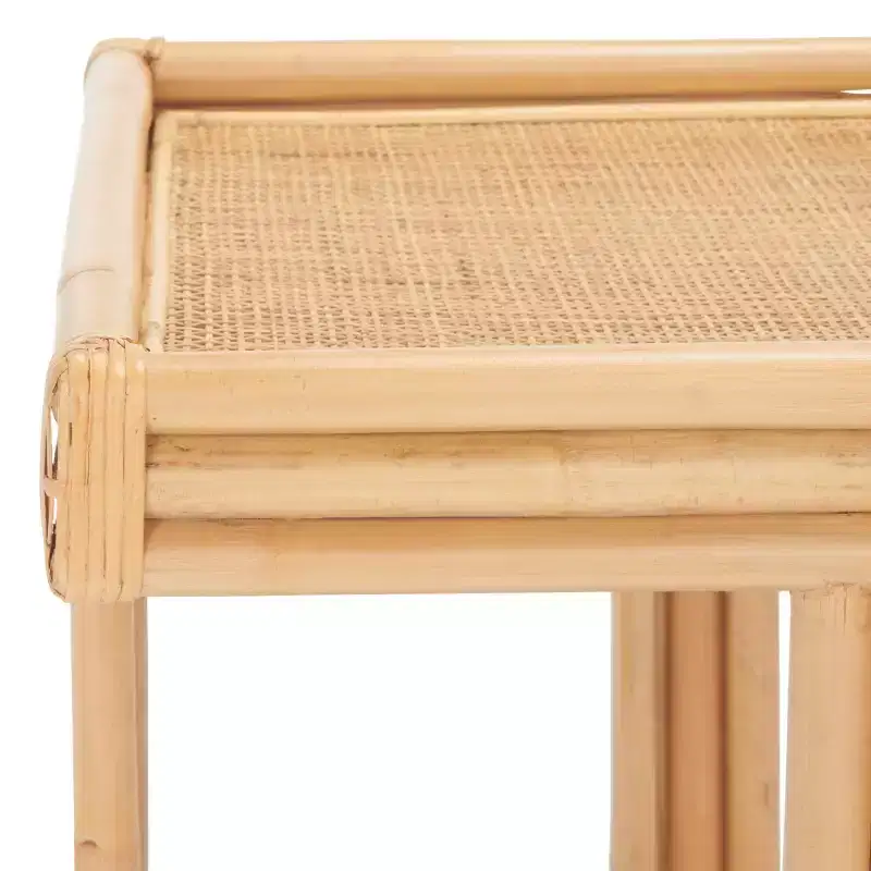 Square Rattan Accent Side Table, Natural Coastal Tray-Top End Table, No Assembly