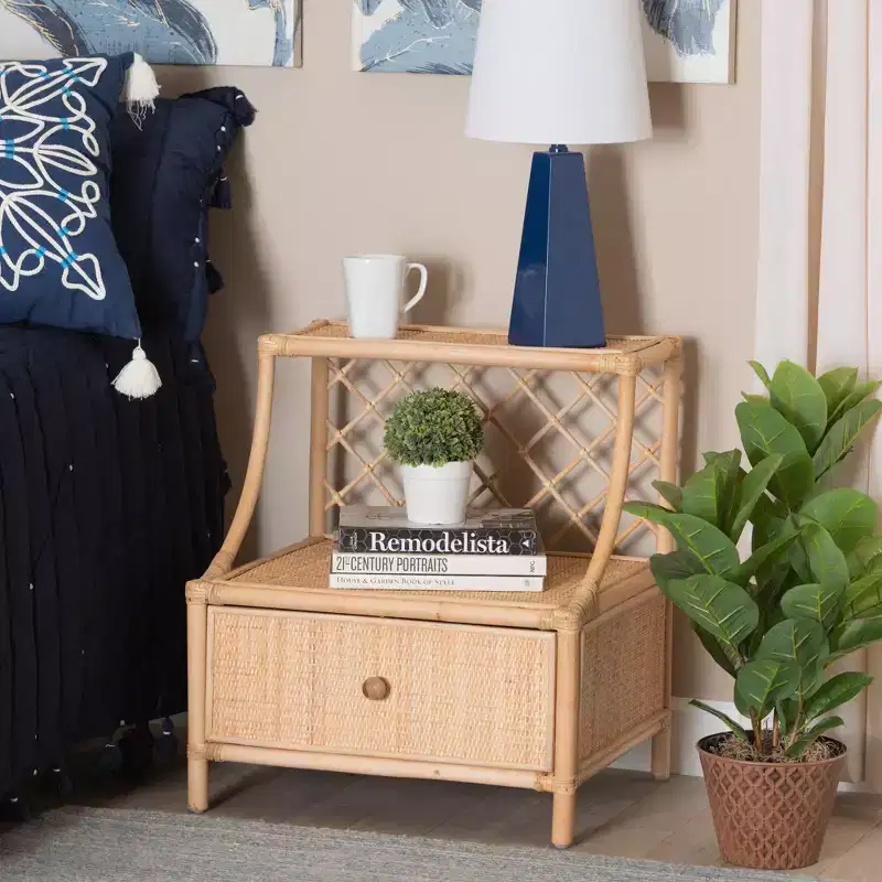 Modern Bohemian Natural Brown Rattan 1-Drawer Nightstand with Shelf