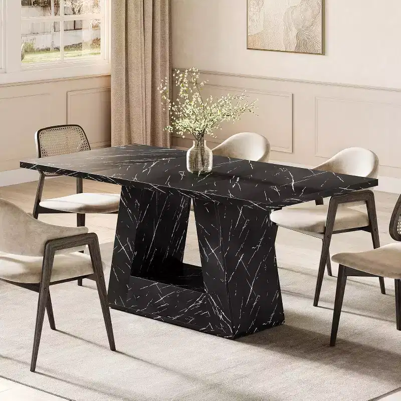 63-Inch Dining Table for 4-6 People, Wooden Triangle Pedestal Base, Black Faux Marble