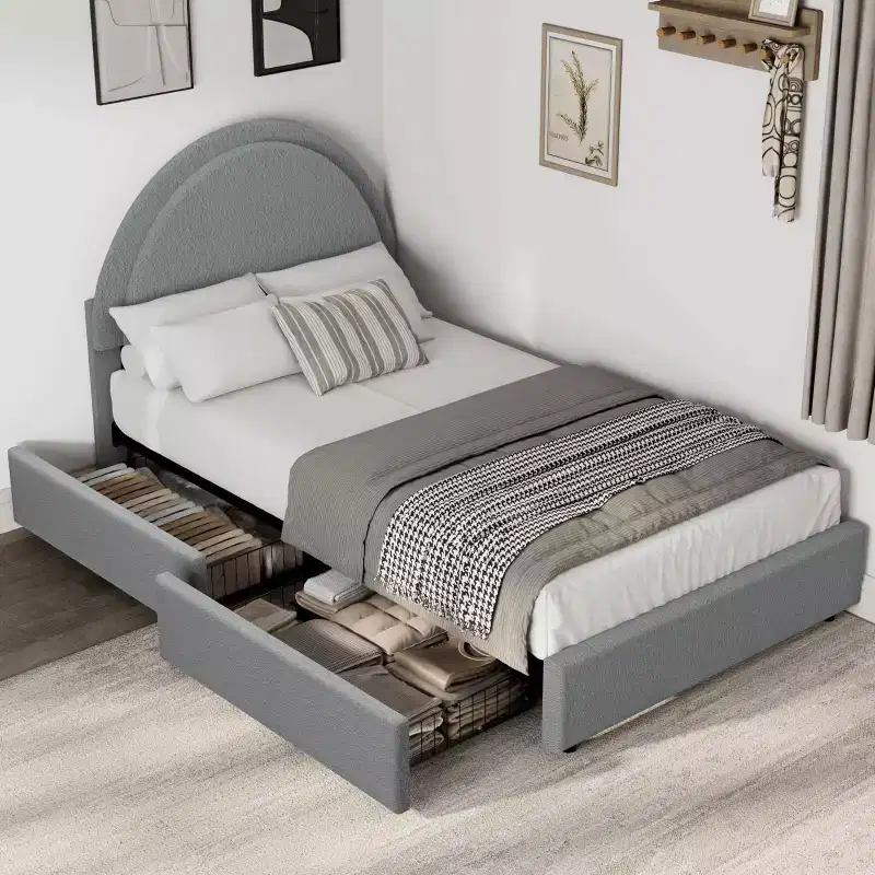 Twin Size Boucle Bed Frame with 2 Storage Drawers, Soft Upholstered Platform Bed Frame with Round Headboard, Wooden Slats, No Box Spring Needed