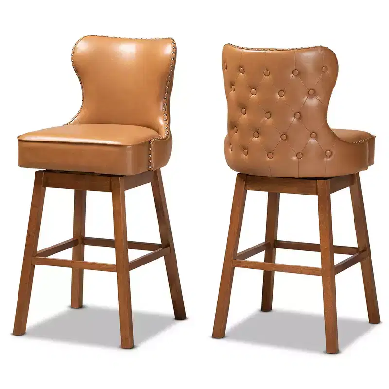 2pc  Tan Wood Swivel Barstool Set Brown - : Upholstered, Nailhead Trim, Rectangle Shape