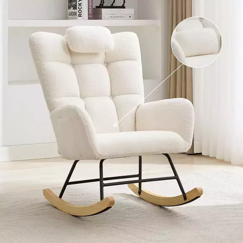 Nursery Rocking Chair with Ottoman, Teddy Upholstered Glider Rocking Chair with High Backrest, Armchair Reading Chair for Adults