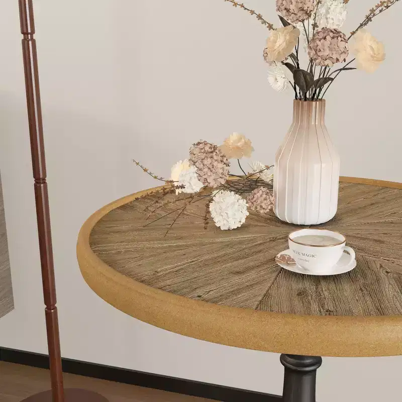 VIYET 23 Retro Round Wooden End Table - French Country Metal Pedestal, Natural Wood
