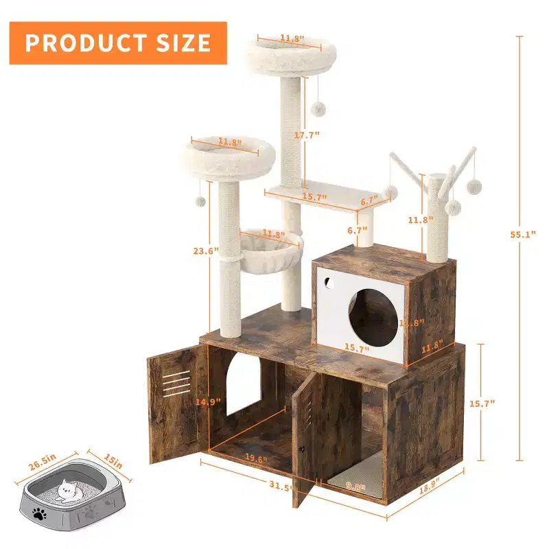 Cat Litter Box Enclosure, Multi Level Cat Tree with Scratching Posts, Cat Condo with Hammock & Basket, Indoor Cat Furniture with Hidden Litter Box