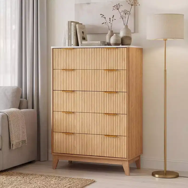 Natural Wood Fluted Dresser with Gold Handles, 5/6 Drawers, Bedroom Storage Chest