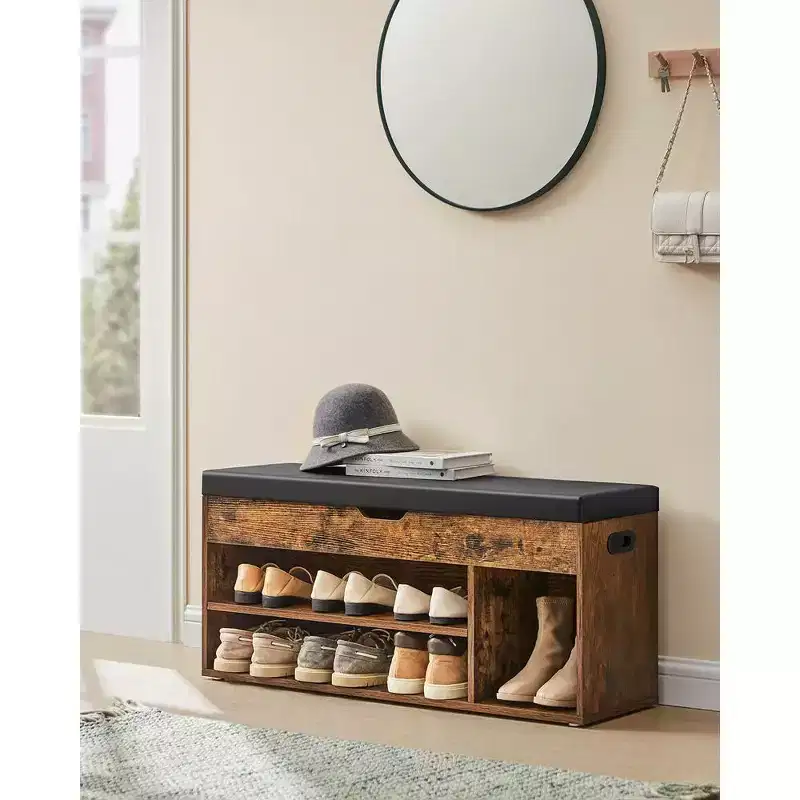 Shoe Storage Bench with Cushion, 3 Compartments, Rustic Brown and Black