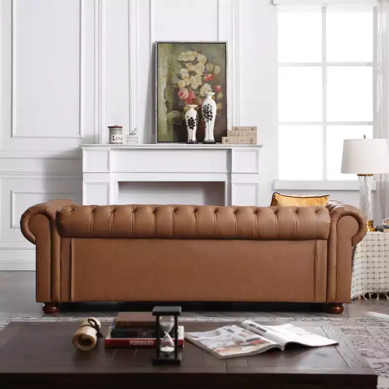 Elegant Chesterfield Technical Leather Sofa, Tufted 3-Seater/2-Seater/1-Seater Couch with Nailhead Trim and Rolled Arms  ModernLuxe