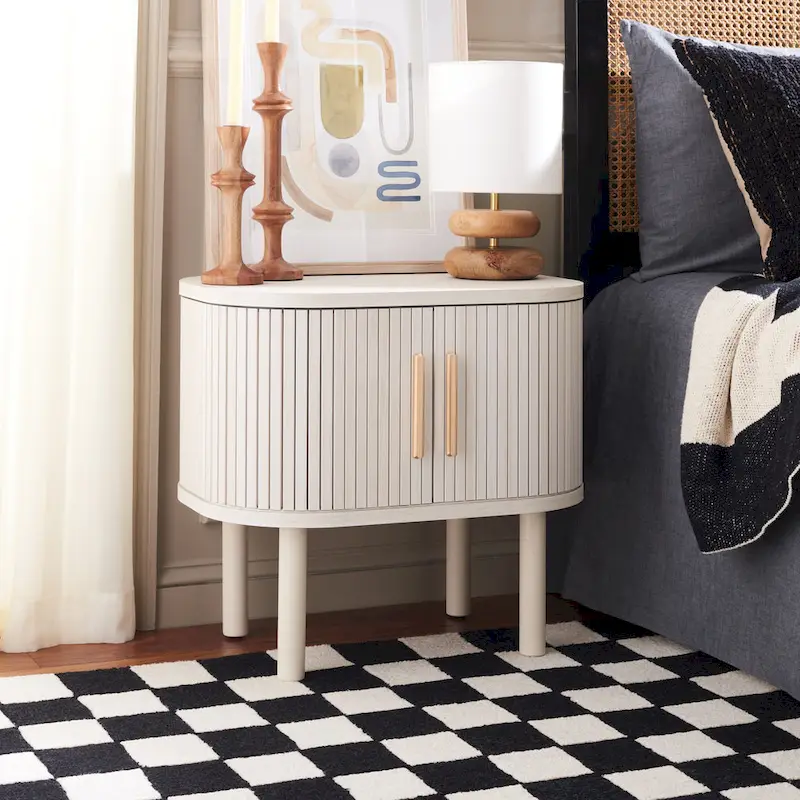 Tambour Door Nightstand – Gold Pulls, Wooden Post Legs, Roomy Cabinet Bedroom Storage