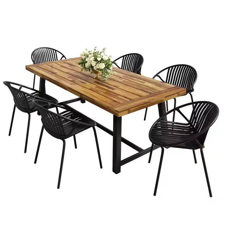 7-Piece Outdoor Patio Modern Dining Set with Stackable Chairs and Acacia Wood Table