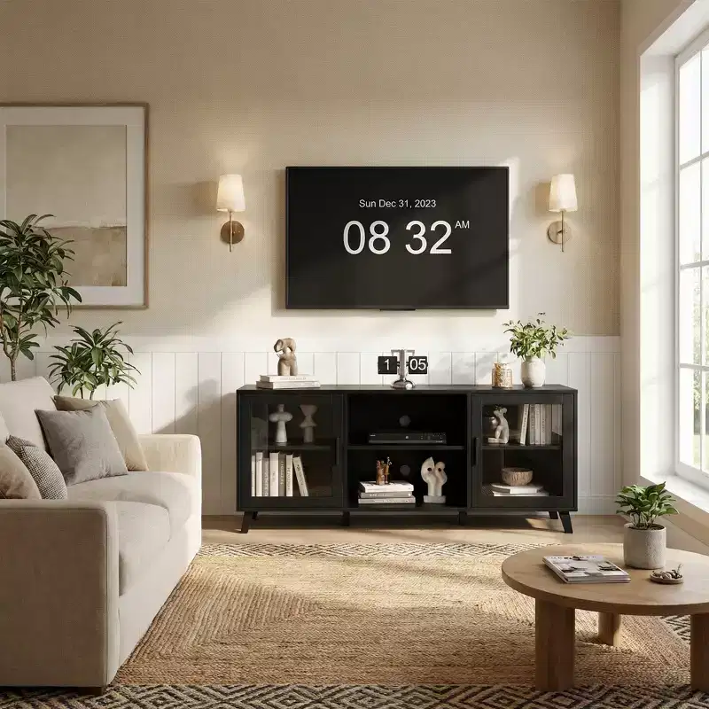 65 Inch TV Stand, Modern Wood Entertainment Center with Storage Cabinets