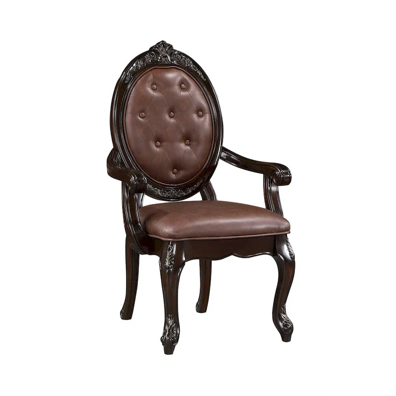 24-Inch Dining Armchair with Carved Details & Faux Leather Seat – Brown