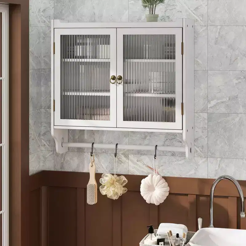 24.8 Double Glass Door Vintage Kitchen and Dining Cabinet with Three Tiers Towel Rack for Kitchen Dining Room, White