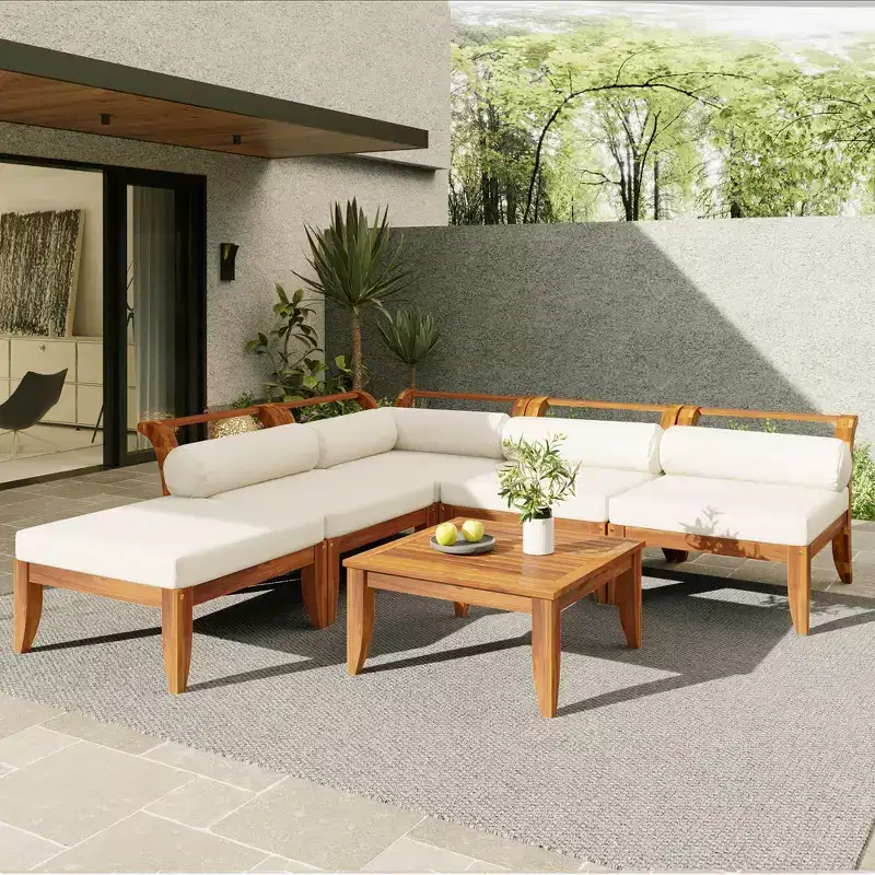 6 PCS Patio Sofa Set Outdoor Modular Sectional Garden Furniture Set L-Shaped Conversation Set with Table, Ottoman, Cushions & Pillows- ModernLuxe