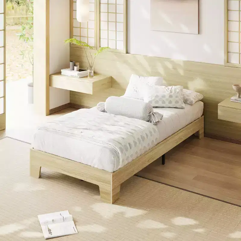 Wooden bed frame, platform bed frame, supported by 4 sturdy wooden slats and 8 metal slats, no headboard, no mattress required, easy to assemble.