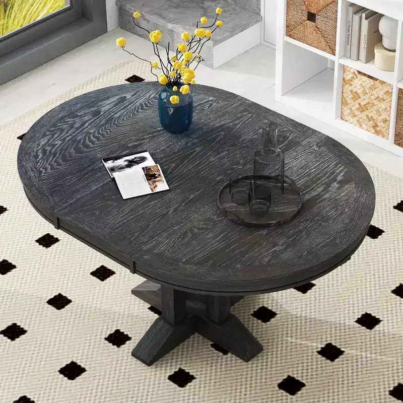 Farmhouse Style Wood Extendable Pedestal Base Dining Table with 14 in. Leaf