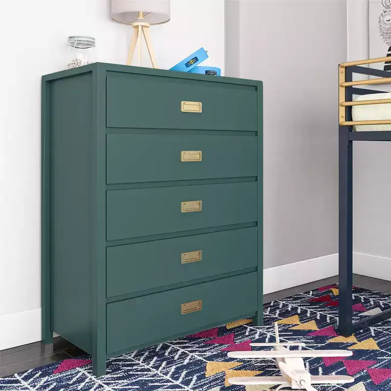 Dark Green 5-Drawer Dresser with Gold Handles