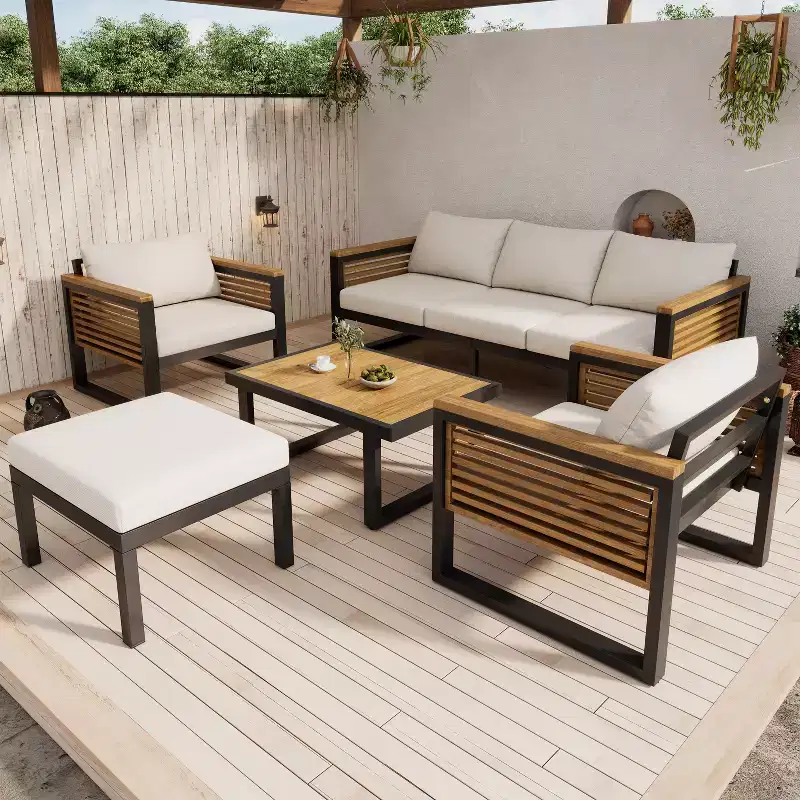 Christopher Knight Home Faye 5 Piece Patio Acacia and Metal Upholstered Seating Set with Slat Design