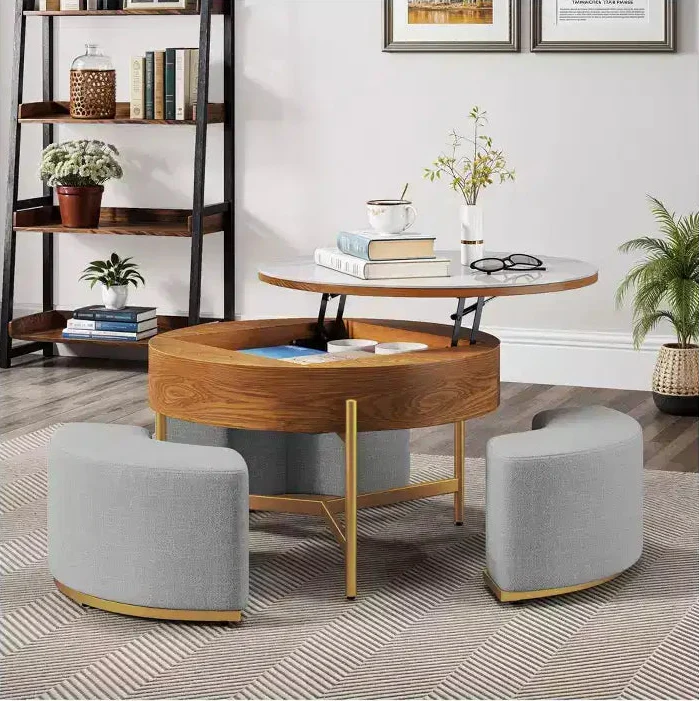 Round Lift Top Coffee Table With Storage Hidden Compartment with 3 Stools Modern Coffee Table With Stone Tabletop For Living Room