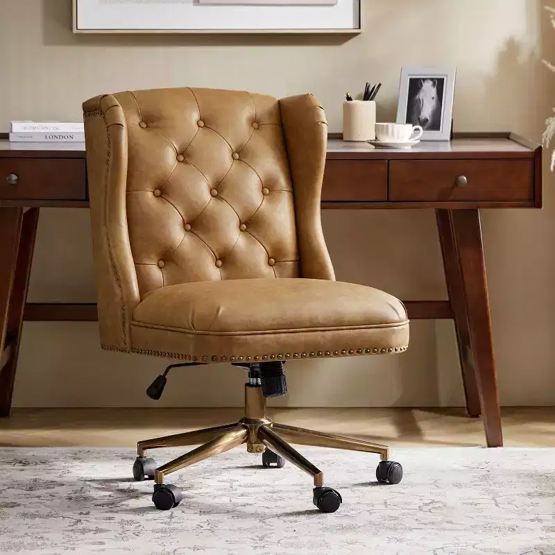 Hazel Traditional Faux Leather Wingback Office Chair — Tufted, Bronze Nailhead, Camel