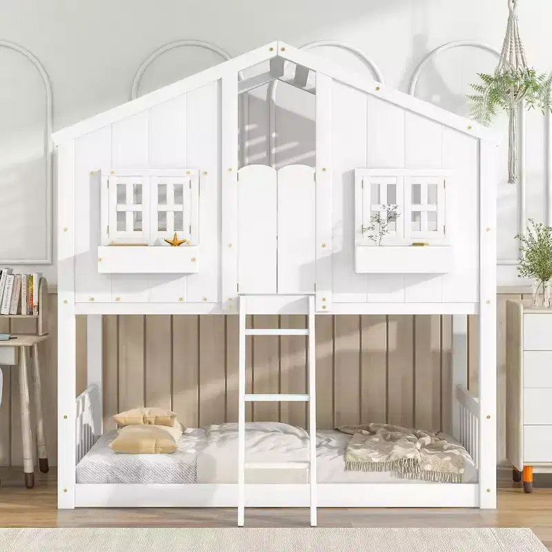 Twin Over Twin House Bunk Pine Wood Bed with Roof Window Box Door Guardrails Ladder Brown for Bedroom