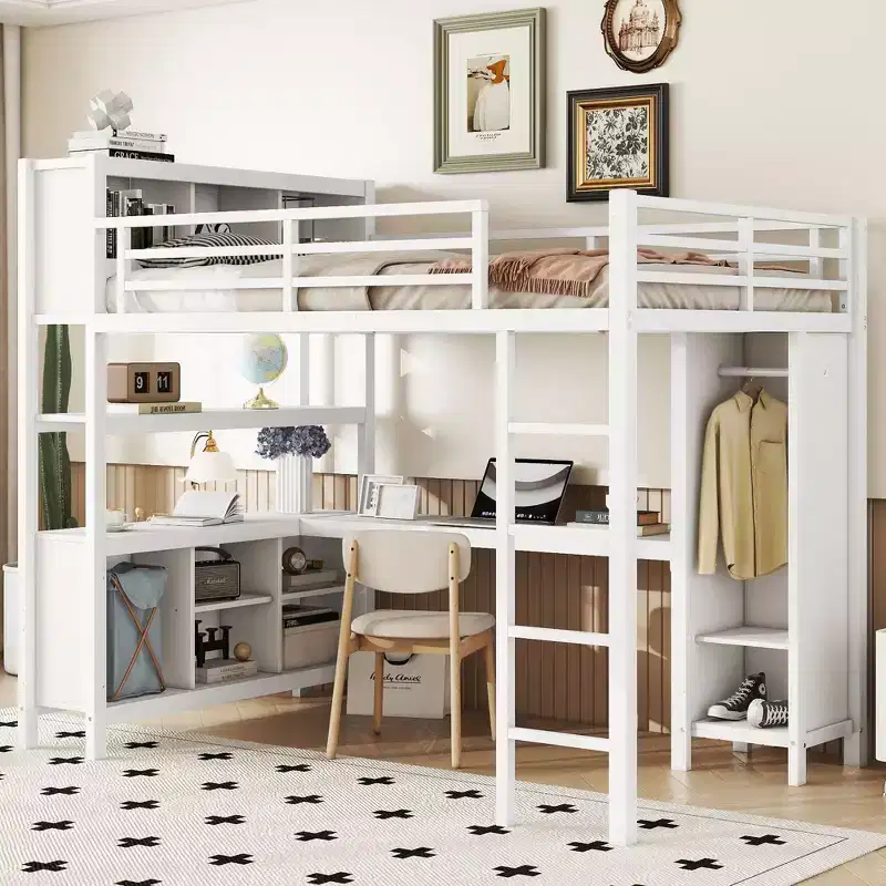 Okak Full/Queen Size Loft Bed with Wardrobe & L-Shaped Desk,Heavy Duty Metal Bunk Beds with Storage,High Loft Beds for Teens & Adults
