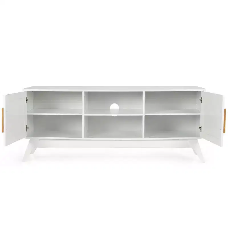 Costway TV Stand Entertainment Media Console w/ 2 Rattan Cabinets & Open Shelves