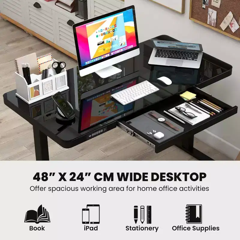 Costway 48 x 24 Whole-Piece Glass Standing Desk w/Drawers Writable Tempered Glass Top Black/White
