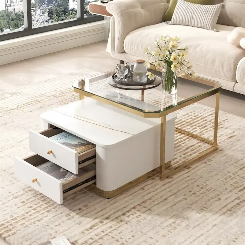 2 Pieces Nesting Coffee Table w/ Drawers & Electroplated Gold Legs