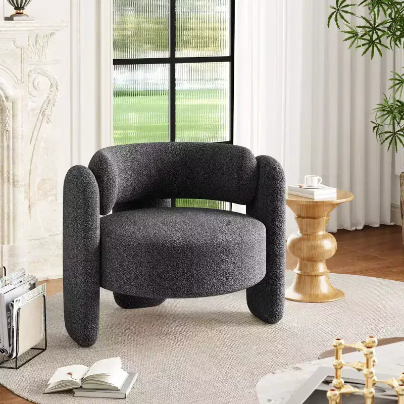 Oversized Chenille Armchair Modern Barrel Accent Chair Upholstered Mid-Century Round Chair With Open Back Single Sofa Extra