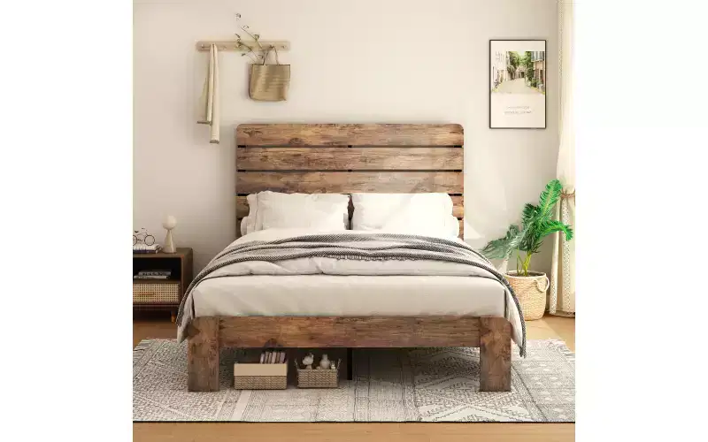 Queen Bed Frame, Queen Size Heavy Duty Bed Frame, Platform Bed Frames with Wood Headboard & Footboard, Noise Free, No Box Spring Needed, Brown