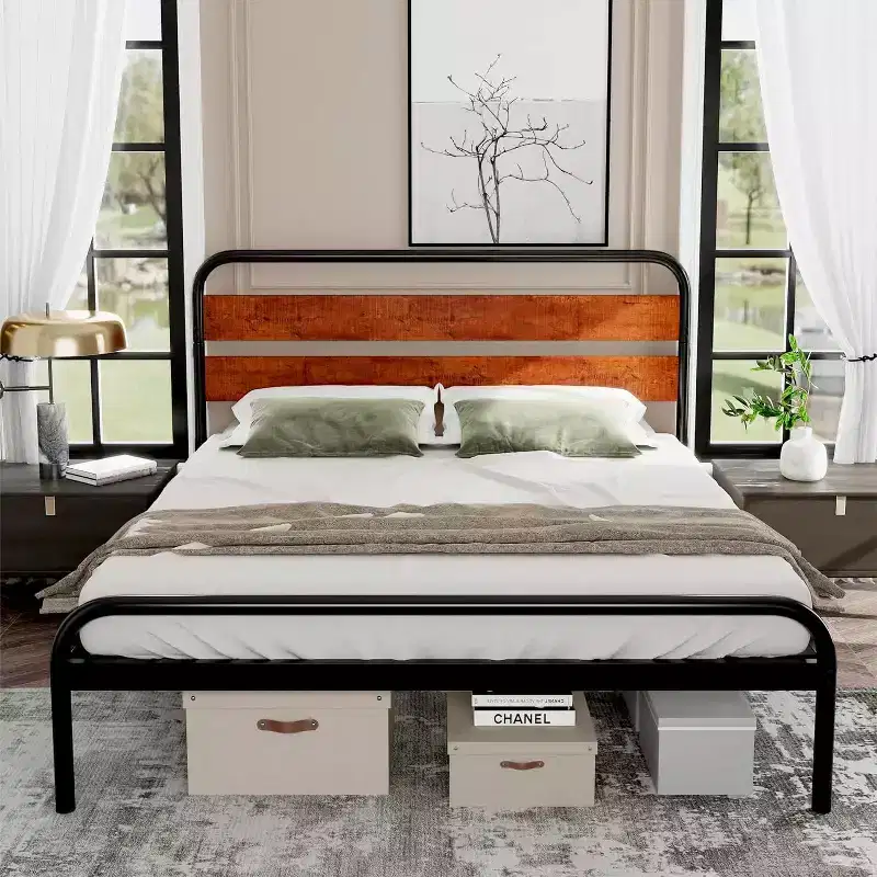 King Size Metal Platform Bed Frame – Wood Headboard, 880LB, Under-Bed Storage