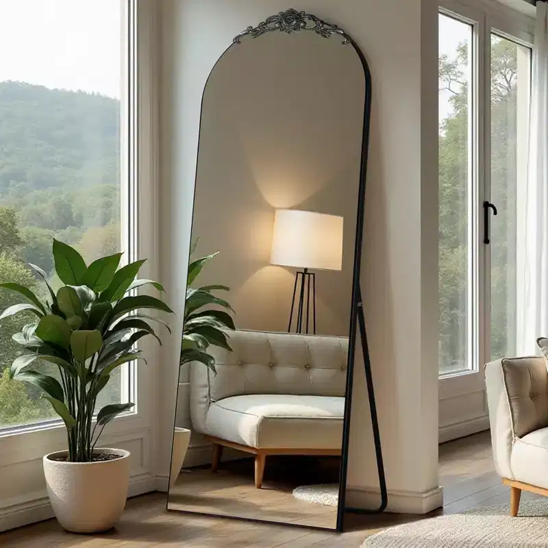 64x21 Wooden Round Angle Arched Full-Body Mirror, White Weather Full-length Vanity Mirror for Bathroom, Bedroom Entryway, Living/Dressing Room