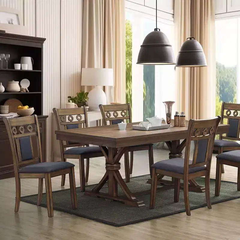 LuxenHome Set of 2 Brown Natural Rubberwood Upholstered Gray Dining Chair