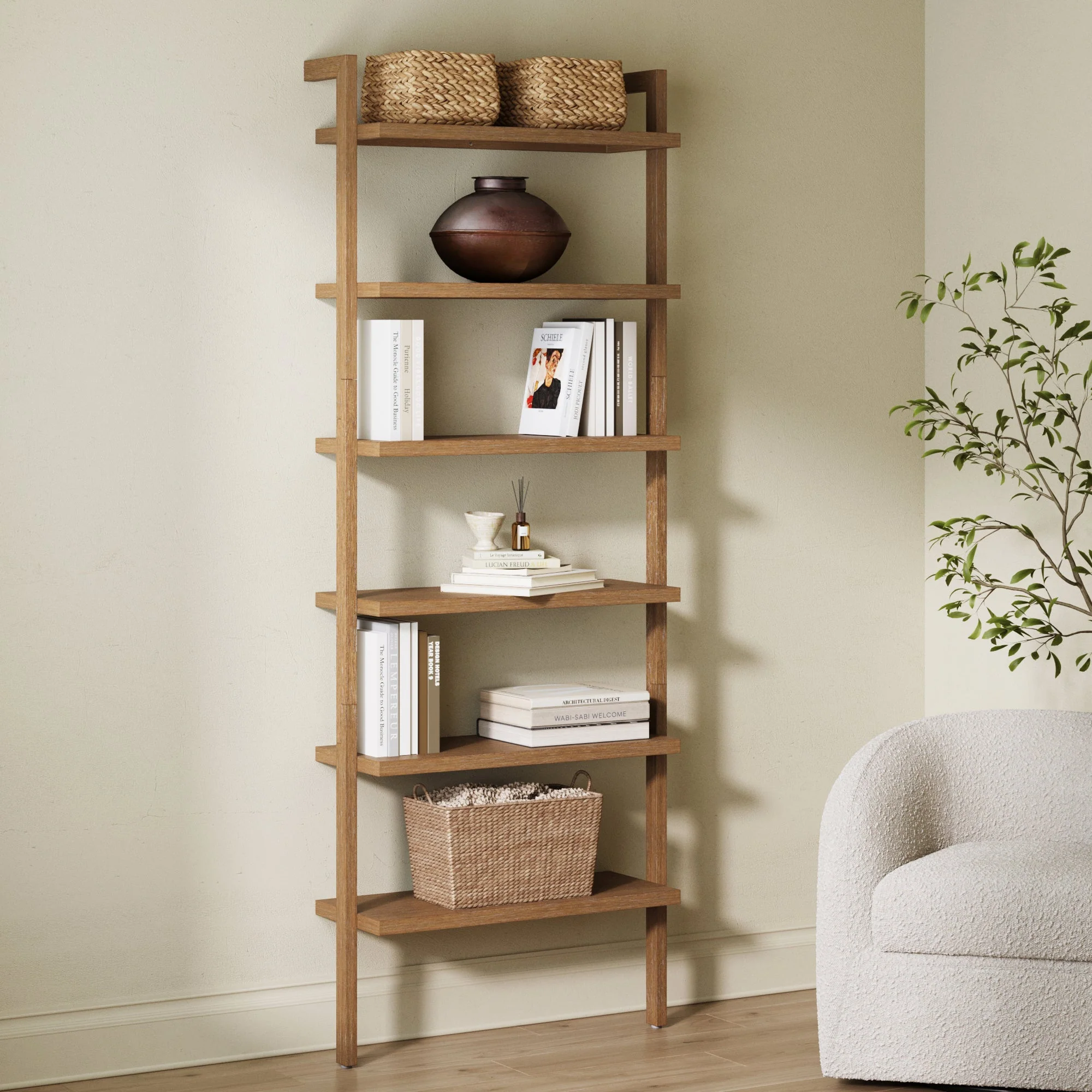 Modern 6-Shelf Wall Mounted Solid Wood Bookcase Light Brown