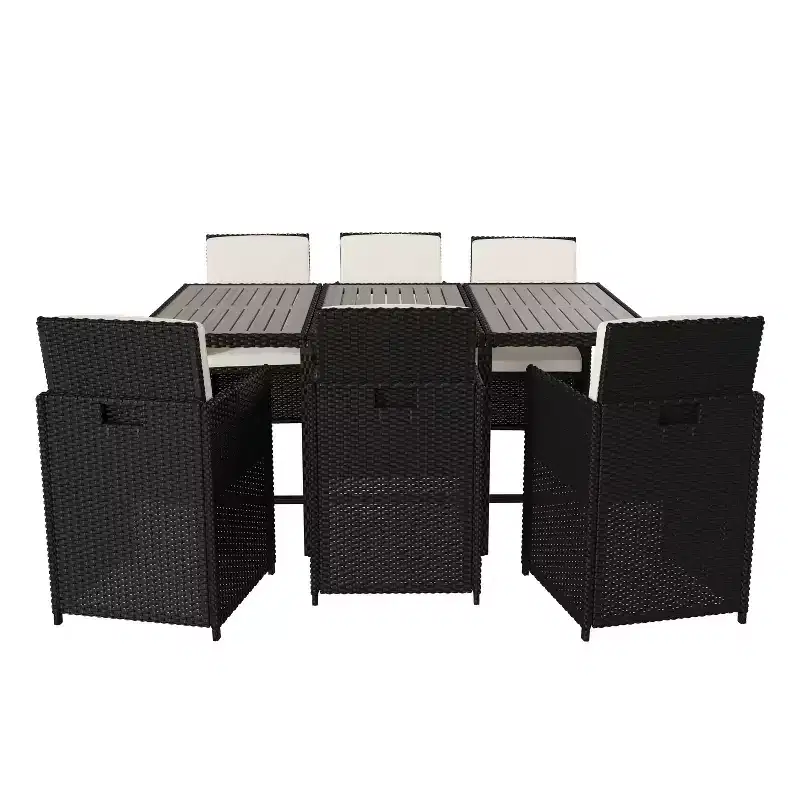 Flash Furniture Peregrine 7 Piece Outdoor Patio Dining Set, Space Saving Wicker Modular Chairs-Cushions & Acacia Wood Table Top