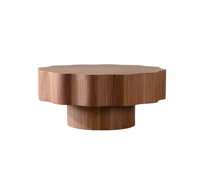 Coffee Table 31.5, Scalloped Edge, Walnut Engineered Wood Grain Sticker Center Table, Modern Irregular Round Coffee Table for Living Room/Bedroom