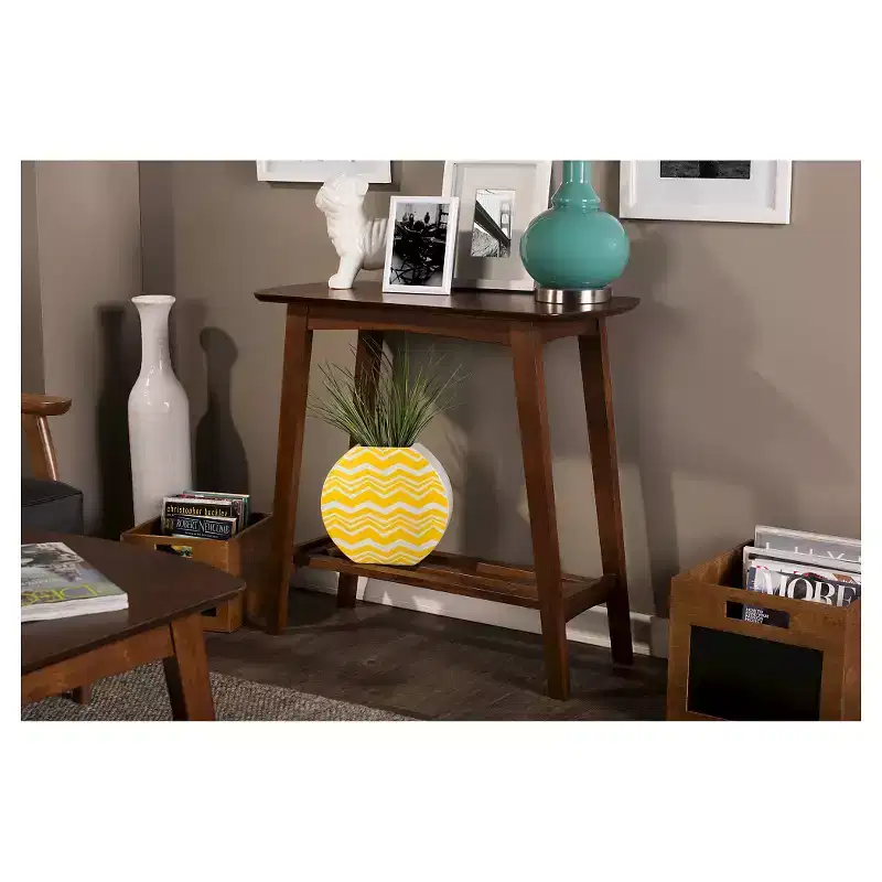 Mid-Century Modern Scandinavian Style Console Table - Dark Walnut - Rubberwood with Open Shelf
