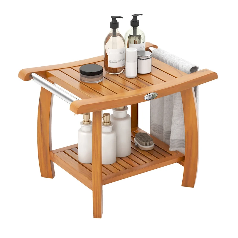 Gymax Teak Wood Shower Bench 2-Tier Wooden Shower Stool w/ Curved Seat