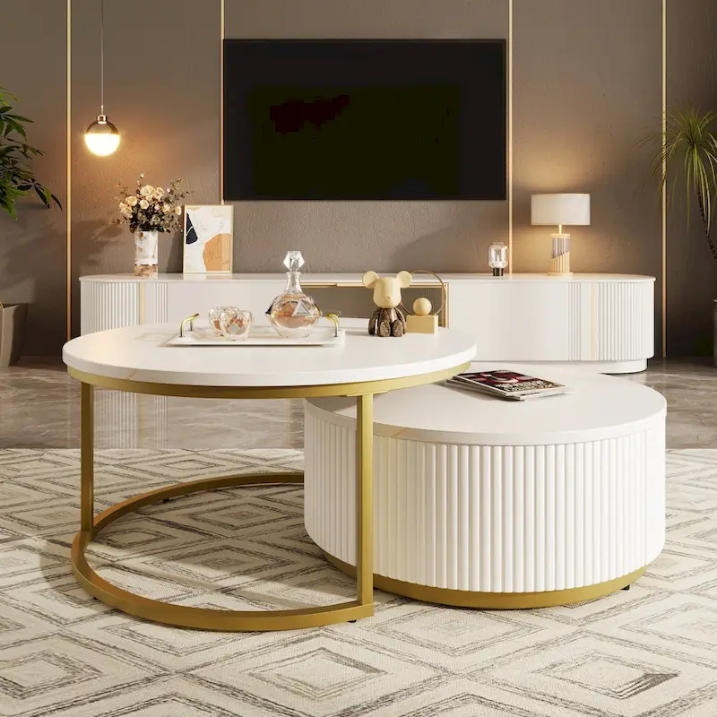 Modern Round Nesting Coffee Table Fluted with Drawer