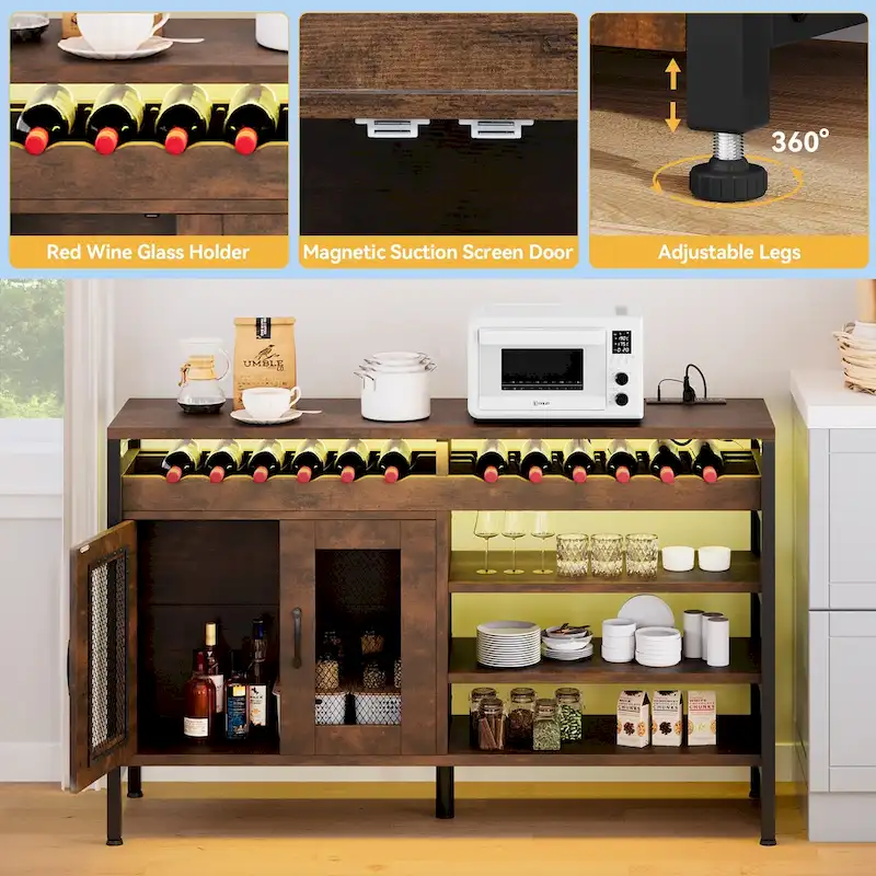 55 Industrial Coffee Bar Cabinet with Led Lights and Power Outlets - 55L x 15.7W x 29.5H