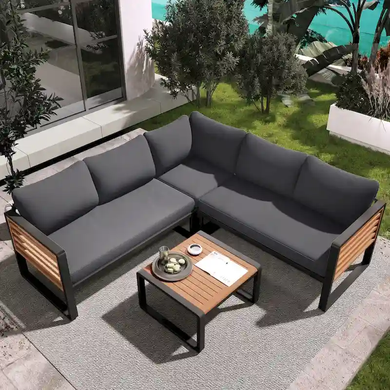 4-Pieces Patio L-shaped Conservation Sofa Set with Coffee Tables