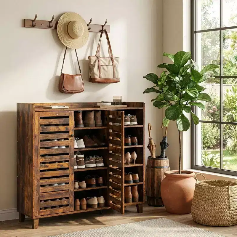 2-Door Shoe Cabinet With 5 Open Shelves Backsplash Top 45.67 W