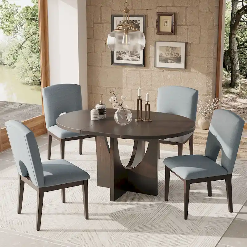 Modern Style Extendable Round Dining Table with Removable Leaf and Upholstered Dining Chairs